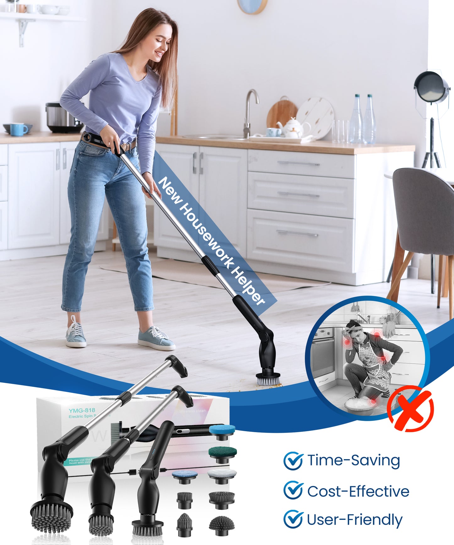BIMZUC Electric Spin Scrubber, Cordless Cleaning Brush,8 Replaceable Heads, 4 Adjustable Angles, Extendable Handle, Black