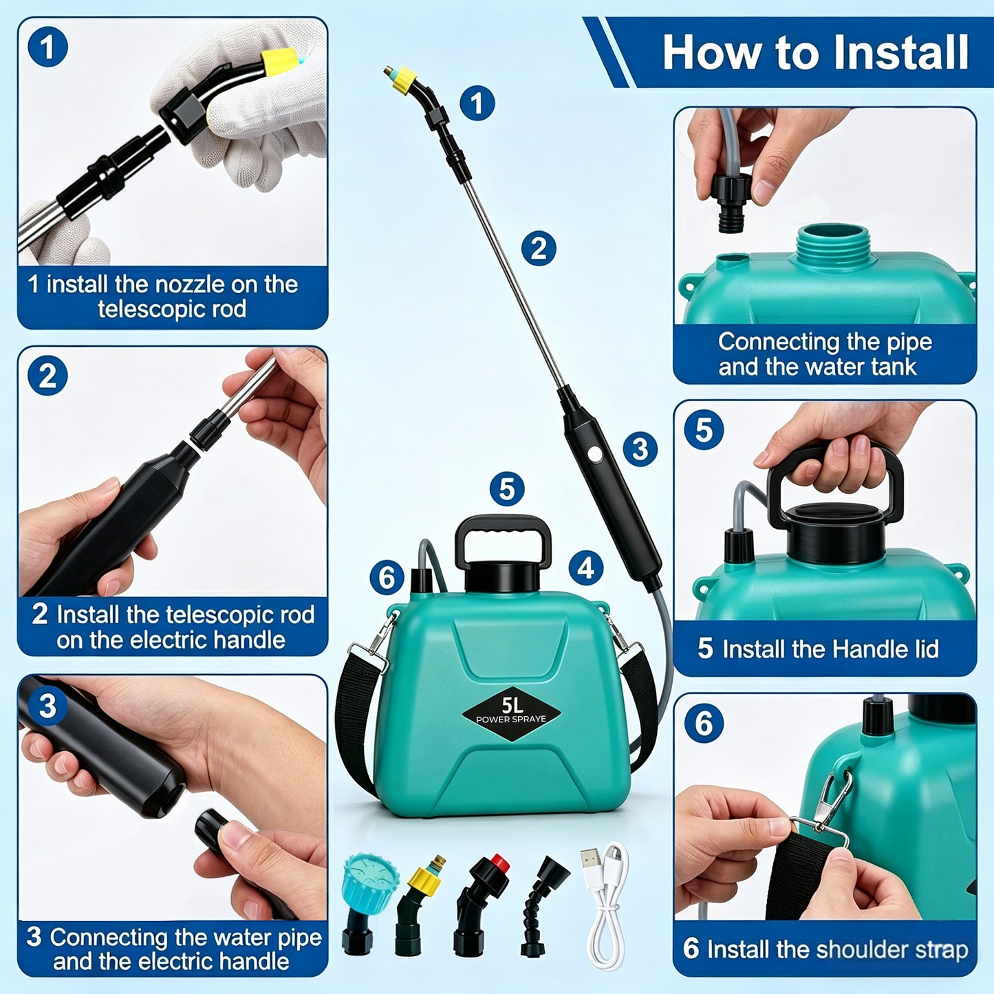 OHHANI Battery Powered Sprayer, 5L Cordless Electric Portable Garden Sprayer with USB Rechargeable Handle Telescopic Wand 4 Nozzles,  for Lawn Garden