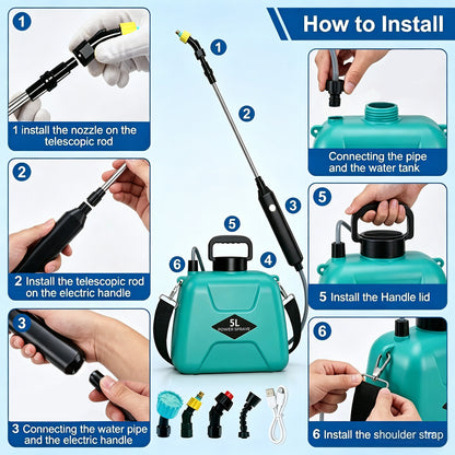 OHHANI Battery Powered Sprayer, 5L Cordless Electric Portable Garden Sprayer with USB Rechargeable Handle Telescopic Wand 4 Nozzles,  for Lawn Garden