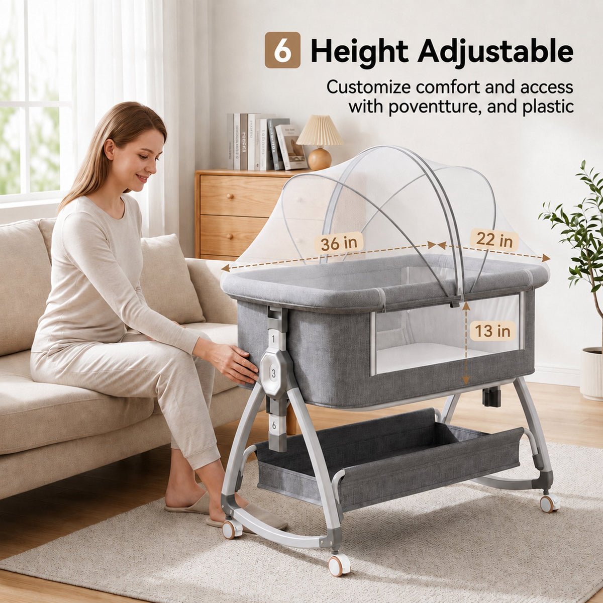 Chastar Bassinet Bedside, Portable Baby Crib with 6 Adjustable Heights and Breathable Mesh Panels, Foldable, Gray