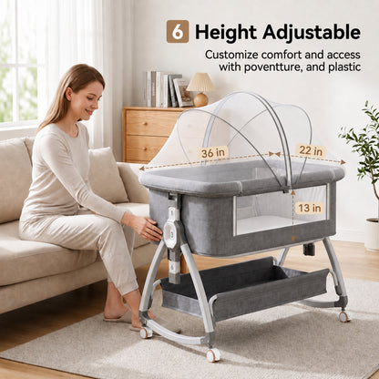 Chastar Bassinet Bedside, Portable Baby Crib with 6 Adjustable Heights and Breathable Mesh Panels, Foldable, Gray