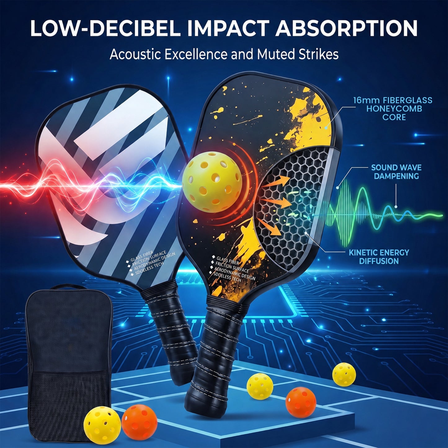 Feeray USAPA Approved Pickleball Paddles Set of 2, Graphite Rackets with Polypropylene Core, Includes 4 Balls & Carry Bag