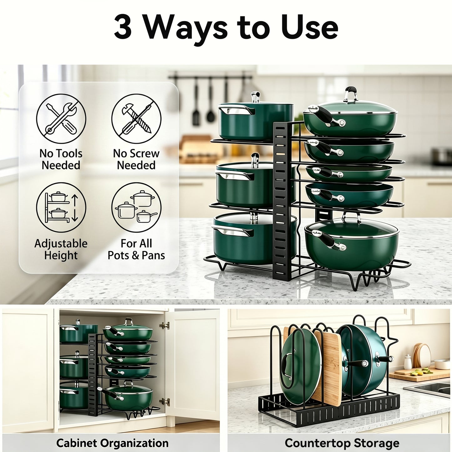 Riousery Pot and Pan Organizer Rack for Cabinet, 8-Tier Adjustable Cookware Organizer with Dividers, 3-Way Assembly, Tool-Free Setup, Non-Slip Storage for Pots, Pans, Lids and Bakeware
