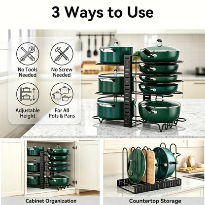 Riousery Pot and Pan Organizer Rack for Cabinet, 8-Tier Adjustable Cookware Organizer with Dividers, 3-Way Assembly, Tool-Free Setup, Non-Slip Storage for Pots, Pans, Lids and Bakeware