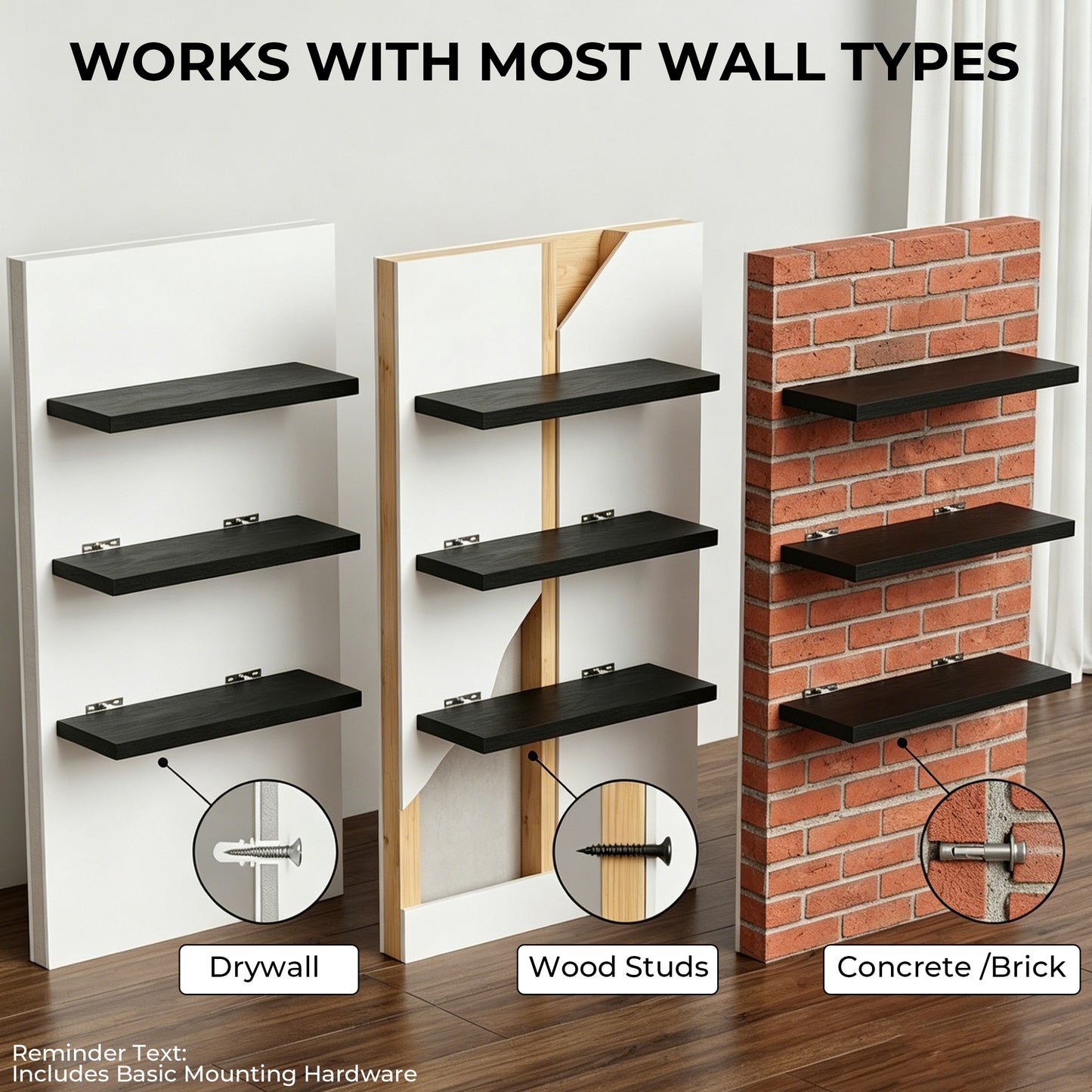 Riousery Floating Wall Shelves, Set of 3, 15.7" x 5.9" x 0.6", Black MDF Wood Wall Mounted Shelves for Bedroom, Bathroom, Living Room, Kitchen Storage & Display