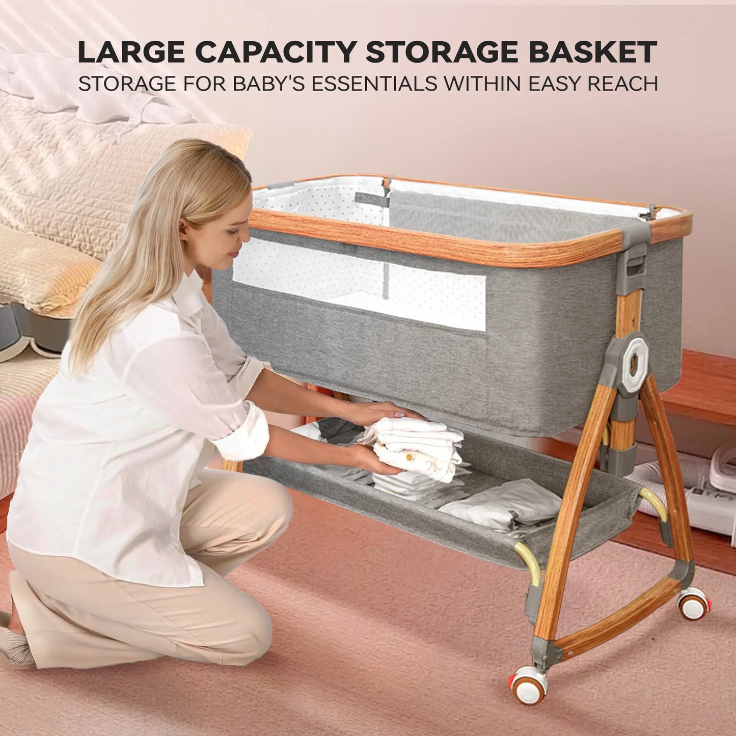 Rupoun Bassinet, Bedside Sleeper, Foldable Baby Crib with 6 Adjustable Heights and Mesh Panels, for Infant Newborn Child, Gray