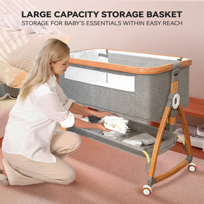 Rupoun Bassinet, Bedside Sleeper, Foldable Baby Crib with 6 Adjustable Heights and Mesh Panels, for Infant Newborn Child, Gray