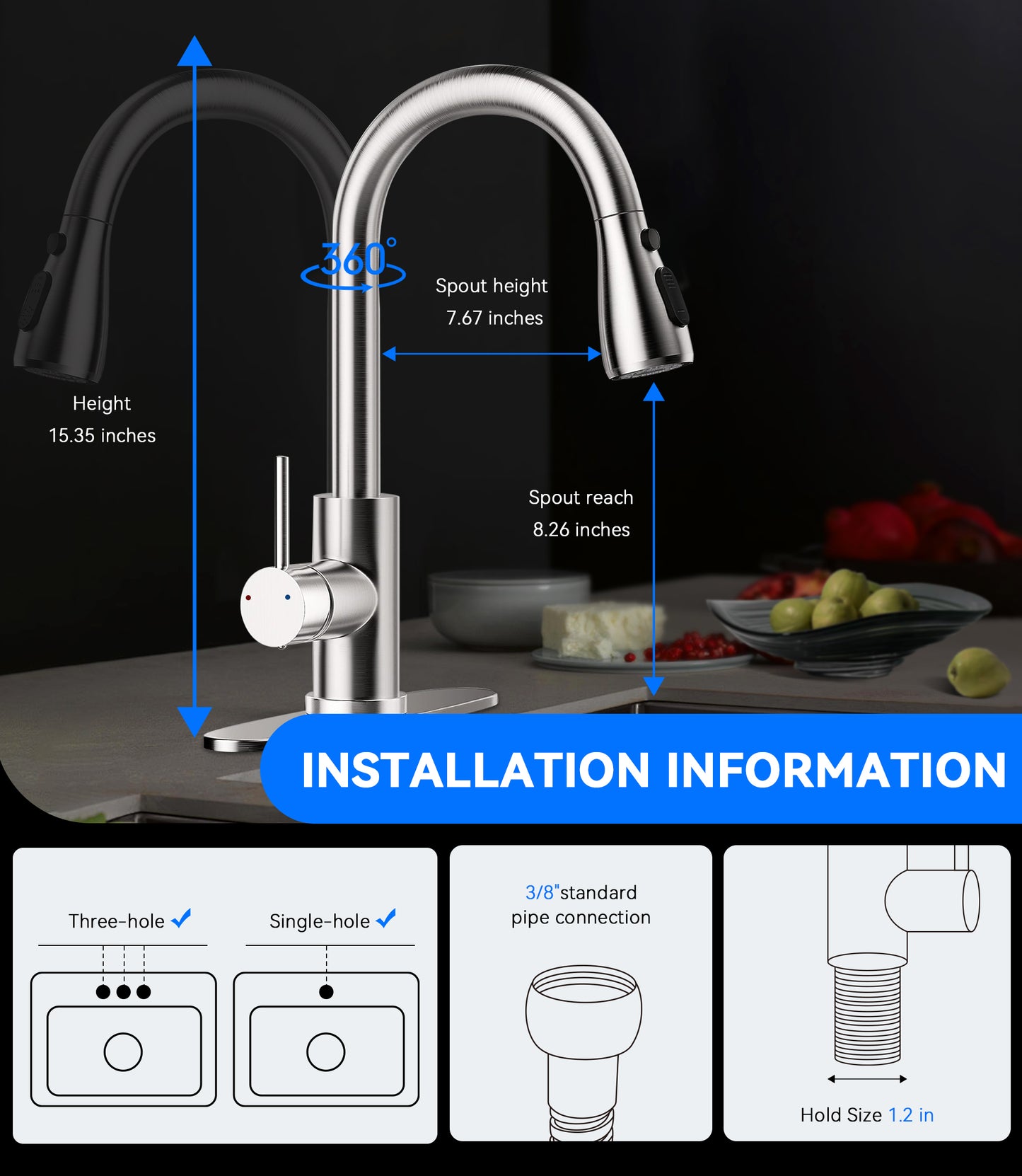 Hodvit Kitchen Faucet with Pull Down Sprayer, Stainless Steel Kitchen Sink Faucet with Deck Plate to Cover