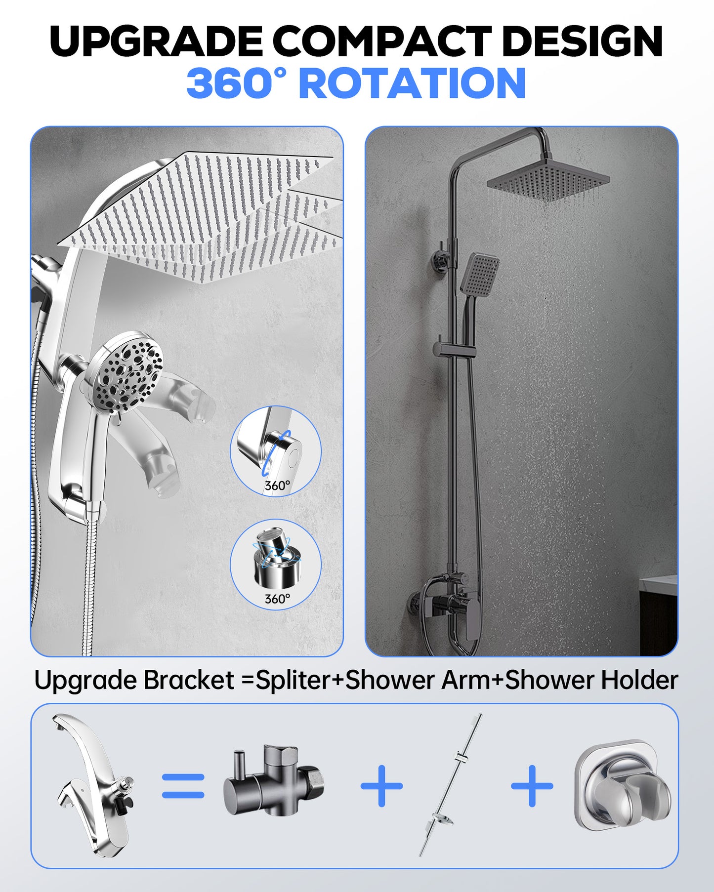 Hodvit High Pressure Rainfall Shower Head 10 Spray Handheld Showerhead Combo, 360° Degree Rotating Extension Arm, New
