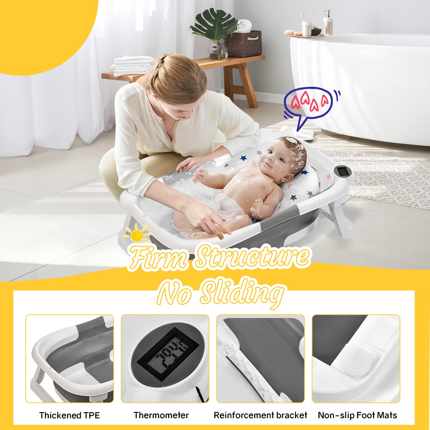 RUPOUN Baby Bathtub, Collapsible for Newborn Boys and Girls, Portable and Foldable, Gray