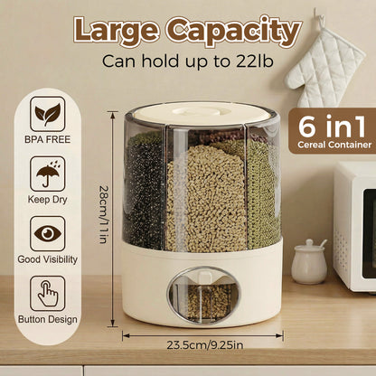 WEEUSE 360° Rotating Grain Dispenser, 22 lbs Large Capacity, 6 Compartments, One-Press Dispensing, Clear Rice & Cereal Storage for Kitchen Pantry