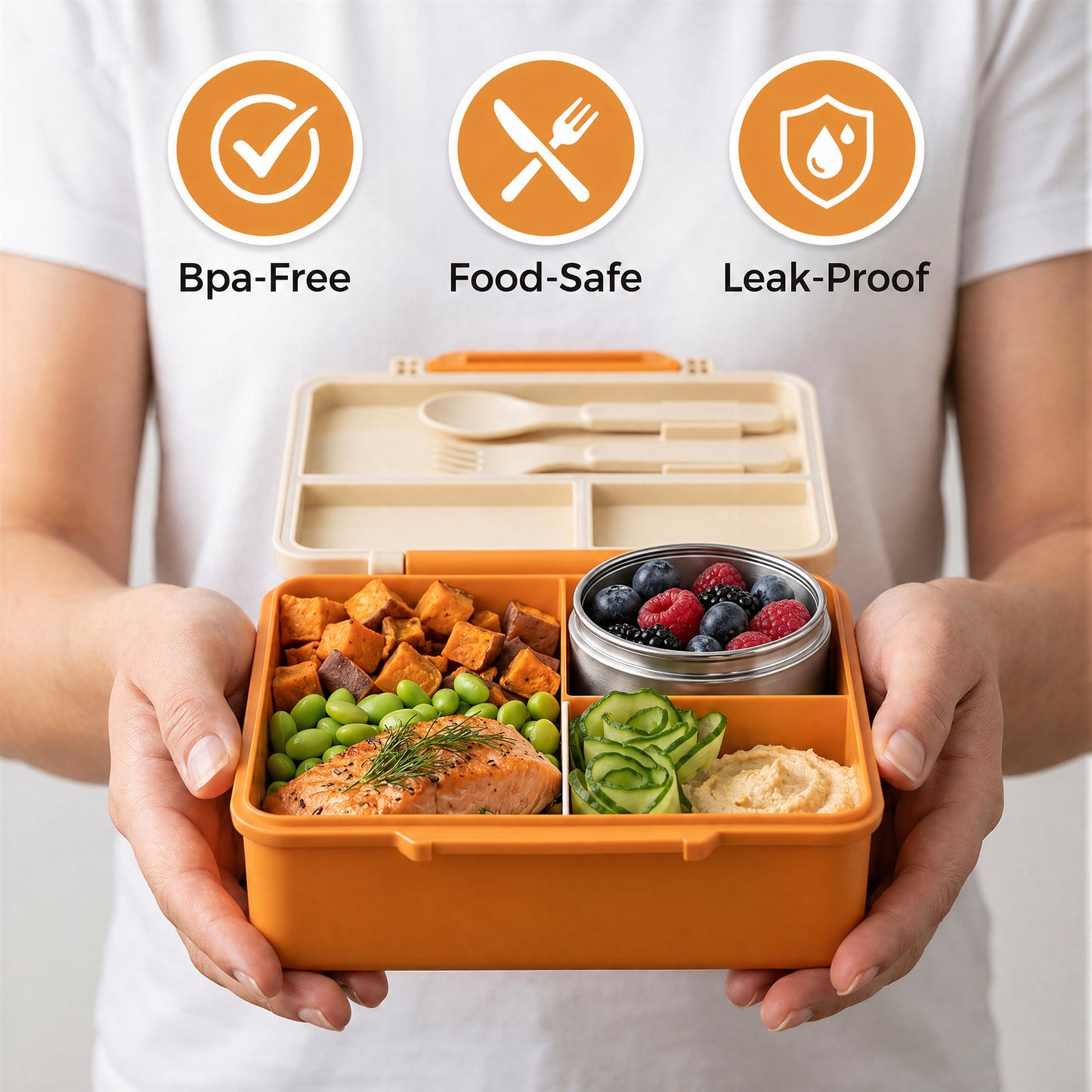 M Buder 1700ML Bento Box for Kids, Leak-Proof Lunch Box with 3 or 4 Compartments, 350 ml Insulated Food Jar, Fork, Spoon, Orange