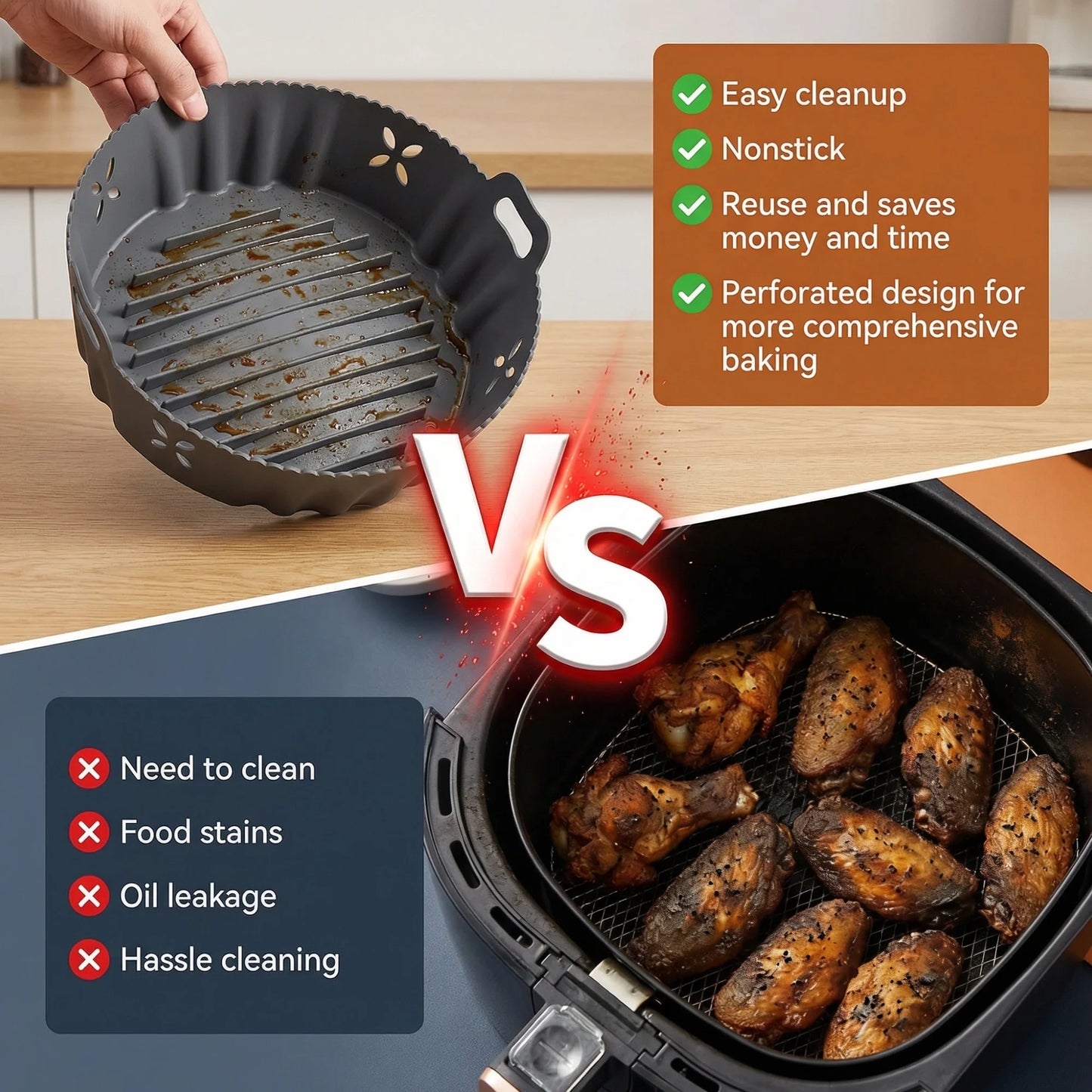 M Buder 2 Pack Silicone Air Fryer Liners with Side Holes, Round Reusable Basket Bowl Replacement for Parchment Paper, Fits 4-7 QT, Baking Tray Oven Accessories, Gray&Red (Top 7.9in, Bottom 6.7in)