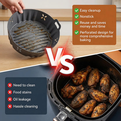 M Buder 2 Pack Silicone Air Fryer Liners with Side Holes, Round Reusable Basket Bowl Replacement for Parchment Paper, Fits 4-7 QT, Baking Tray Oven Accessories, Gray&Red (Top 7.9in, Bottom 6.7in)