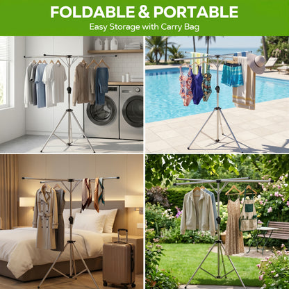 Riousery Tripod Clothes Drying Rack, 4-Arm Foldable Laundry Drying Stand with 71" Adjustable Height & 79" Extra-Wide Drying Space, Stainless Steel Portable Rack with Windproof Hanger Hooks