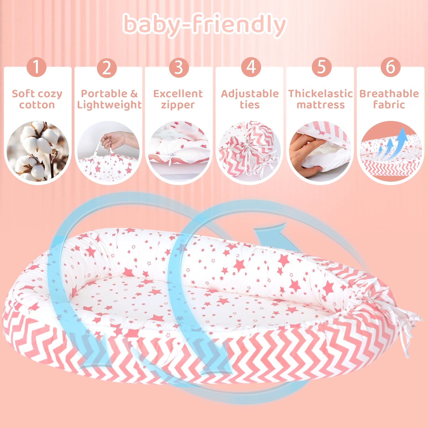 TAYYEE Baby Playmat – Portable Infant Lounger with Soft Pink Mat, for Newborns & Toddlers 0-24 Months