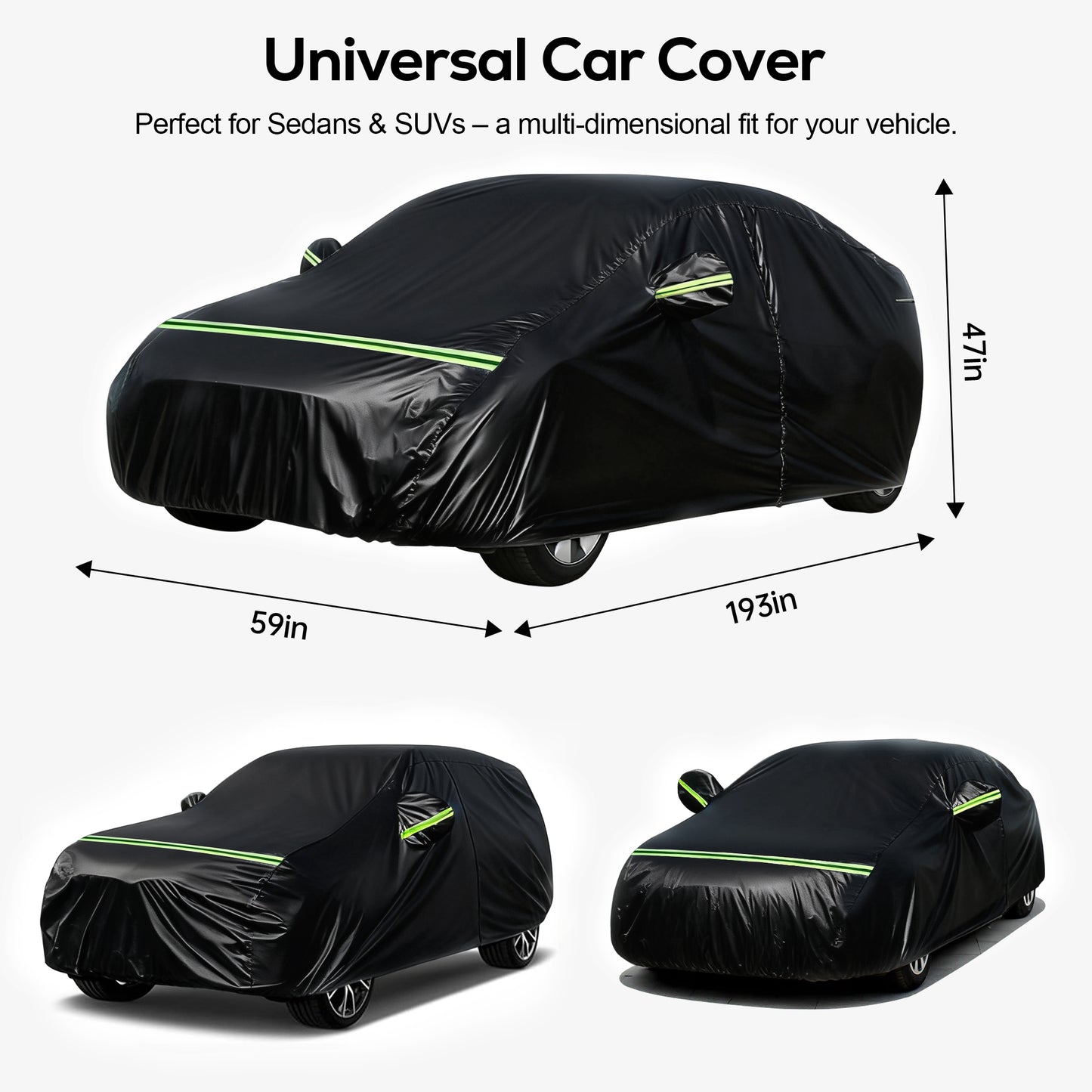 FLORAY Waterproof All-Weather Car Cover with Zipper Door, Heavy-Duty Windproof Vehicle Cover for Sedan & SUV, UV & Snow Protection, Black, 210" x 59" x 47"
