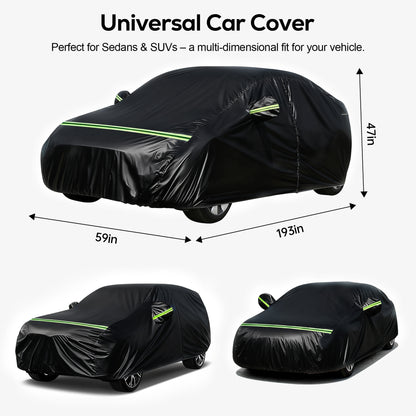 FLORAY Waterproof All-Weather Car Cover with Zipper Door, Heavy-Duty Windproof Vehicle Cover for Sedan & SUV, UV & Snow Protection, Black, 210" x 59" x 47"