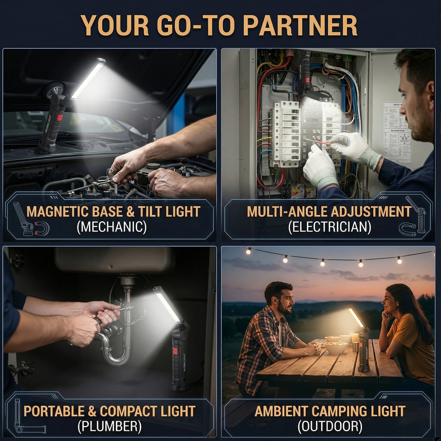 AOLIGO LED Work Light 2 Pack, Rechargeable COB Flashlight with 5 Modes, Magnetic Base and Hook, 360° Rotate, Foldable Portable Waterproof Light for Workshop, Camping, Emergency