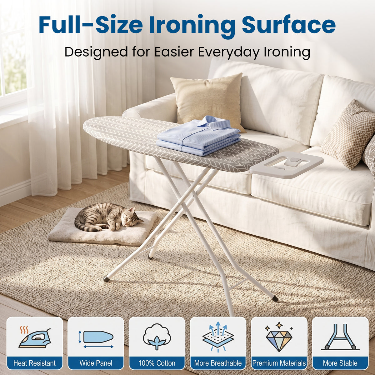 Riousery Full Size Folding Ironing Board with Iron Rest, Height Adjustable Laundry Board, Heavy Duty Steel Frame, Cotton Cover, White