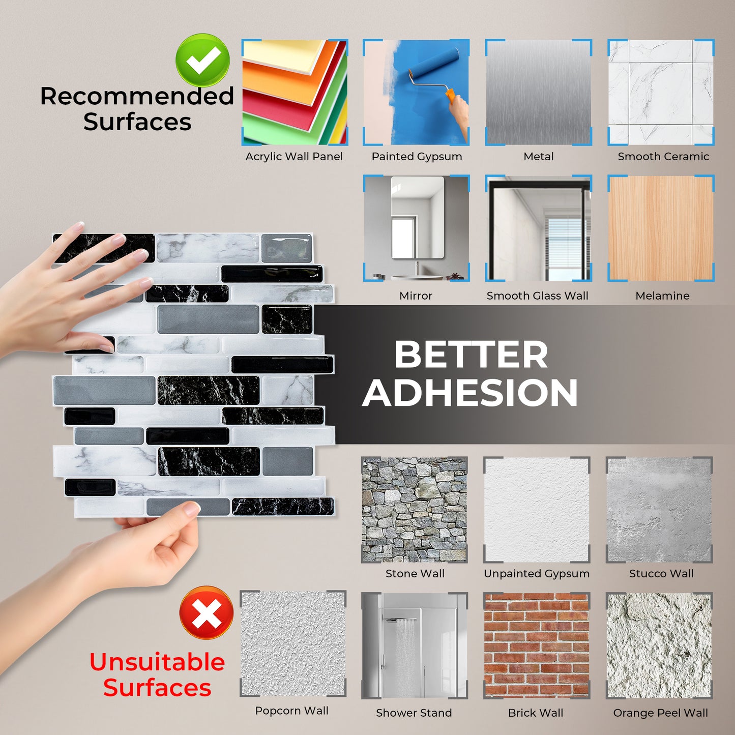 AOLIGO Peel and Stick Backsplash, Peel and Stick Backsplash for Kitchen, Self Adhesive Marble Grey Wall Tile (12" x 12" per Sheet, pack of 10pcs)