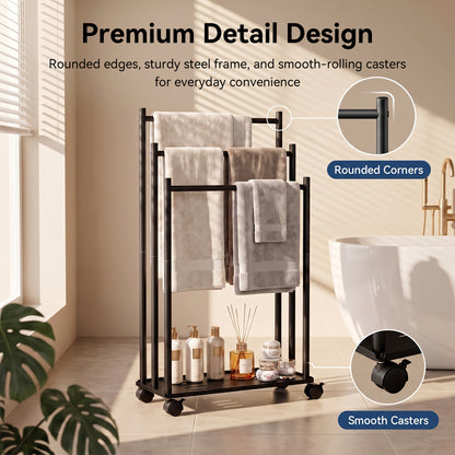 LZSDS 3-Tier Freestanding Rolling Towel Rack with Storage Shelf, Black