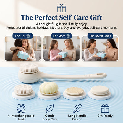 Bokyan Electric Body Brush, Rechargeable Shower Brush with Long Handle, IPX7 Waterproof Spin Skin Brush with 4 Brush Heads, Head Holder