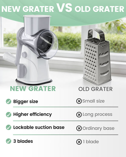 M Buder Rotary Cheese Grater with 3 Interchangeable Blades, Hand Crank Cheese Shredder Vegetable Chopper , Mandoline Slicer, Suction Base, White