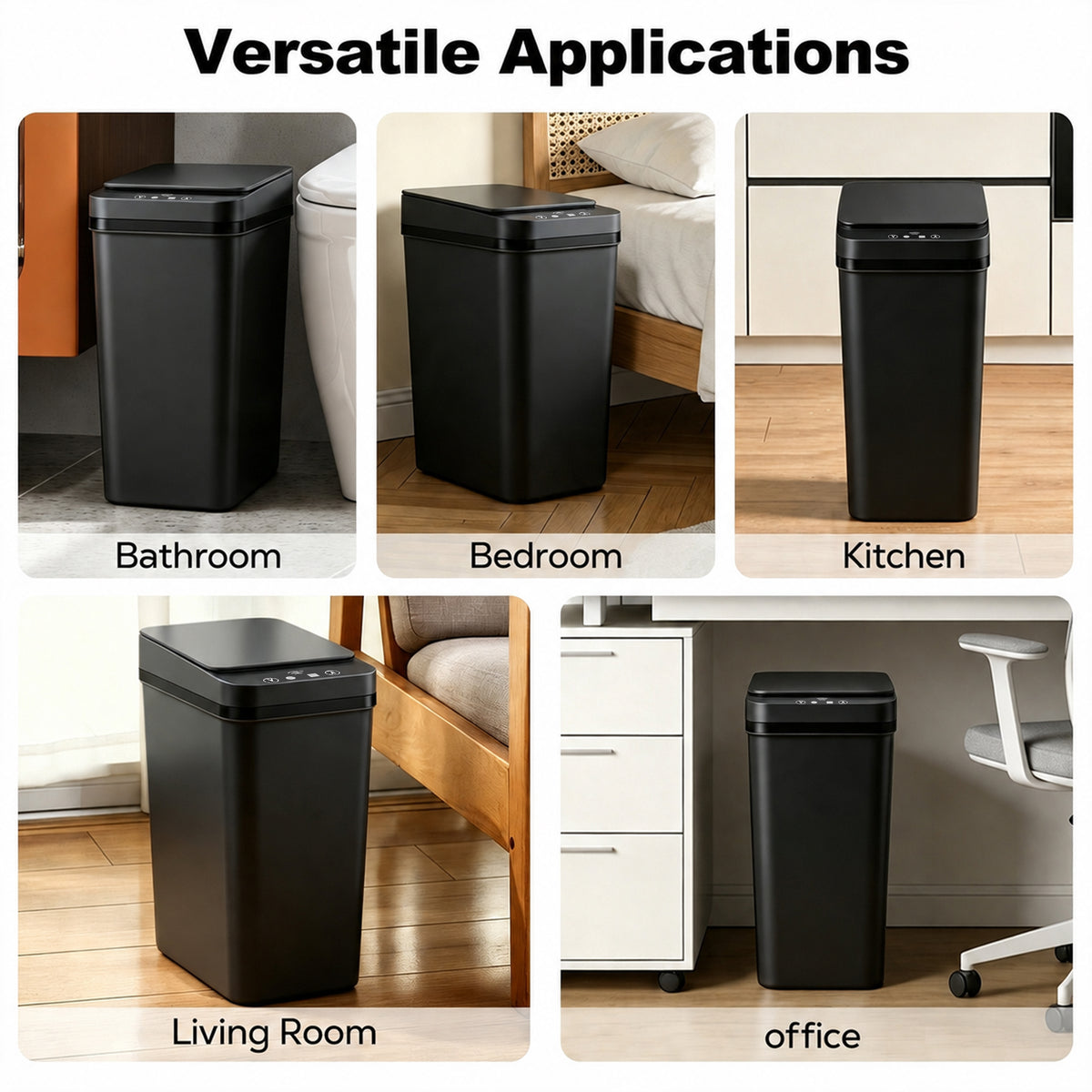 Riousery 2-Pack Touchless Bathroom Trash Can, 3.5-Gallon Slim Automatic Motion Sensor Garbage Can with Lid, Black