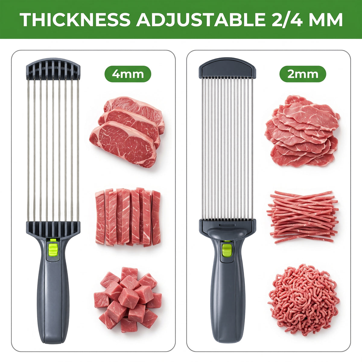 MusPluto Fresh Meat Slicer Manual, Manual Meat Slicer Stainless Steel Fresh Meat Cutter with 17 Blades, Adjustable 2mm & 4mm, Gray (Not for Frozen/Deli Meat)