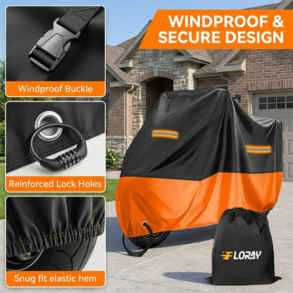 FLORAY Lightweight All-Season Motorcycle Cover, Waterproof Outdoor Protection with Reflective Strips and Windproof Buckles, 2XL, Orange