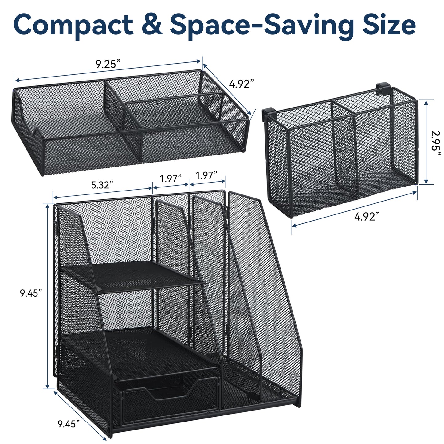 Riousery Desk Organizer with Drawer and 2 Pen Holders, Mesh File Organizer for Desk, Space-Saving Desktop Organizer for Office, Home, School