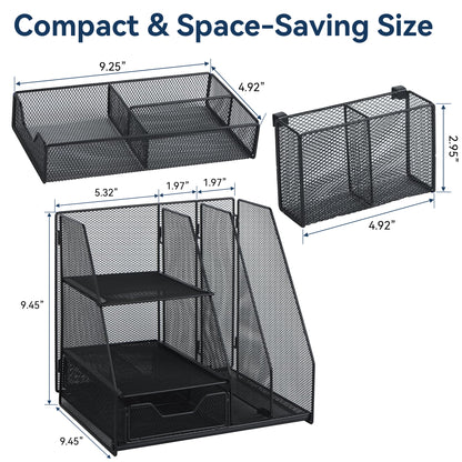Riousery Desk Organizer with Drawer and 2 Pen Holders, Mesh File Organizer for Desk, Space-Saving Desktop Organizer for Office, Home, School