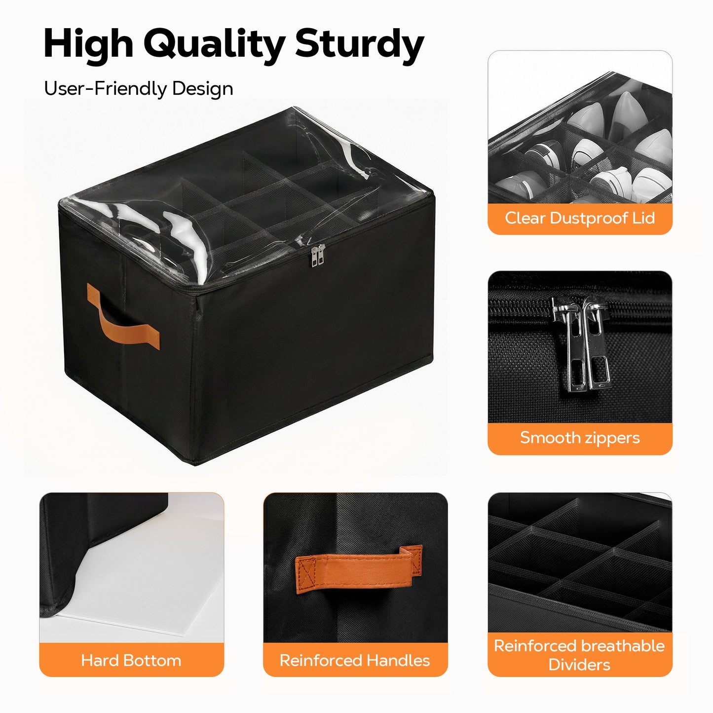 Riousery 2-Pack Under Bed Shoe Organizer for Closet, 24 Individual Shoe Slots, Foldable Storage Boxes with Clear Zipper Cover & Handles, Black