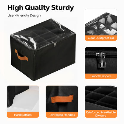 Riousery 2-Pack Under Bed Shoe Organizer for Closet, 24 Individual Shoe Slots, Foldable Storage Boxes with Clear Zipper Cover & Handles, Black