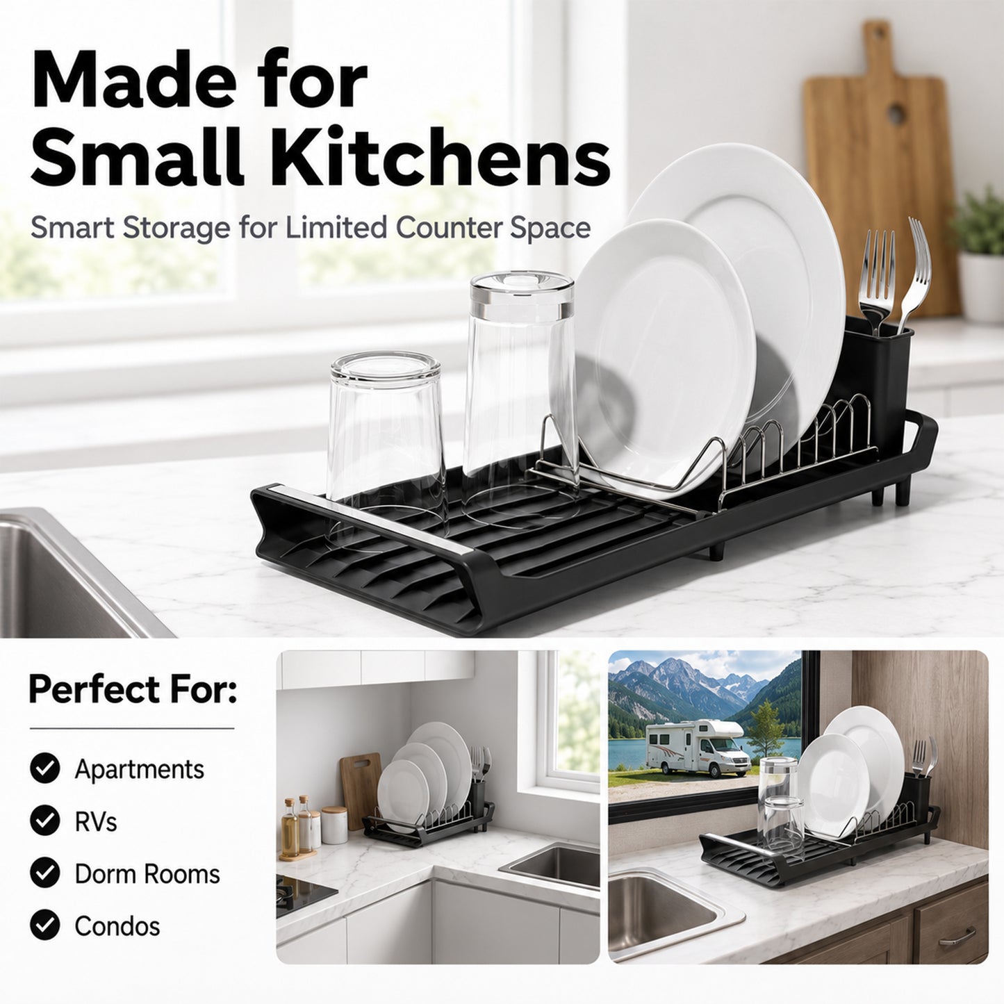 Riousery Expandable Dish Drying Rack with Drainboard, Compact Countertop Dish Drainer with 8-Plate Stainless Steel Rack, 2-Compartment Utensil Holder, Space Saving, Black