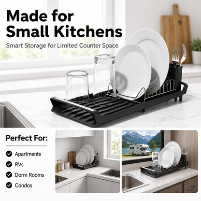 Riousery Expandable Dish Drying Rack with Drainboard, Compact Countertop Dish Drainer with 8-Plate Stainless Steel Rack, 2-Compartment Utensil Holder, Space Saving, Black