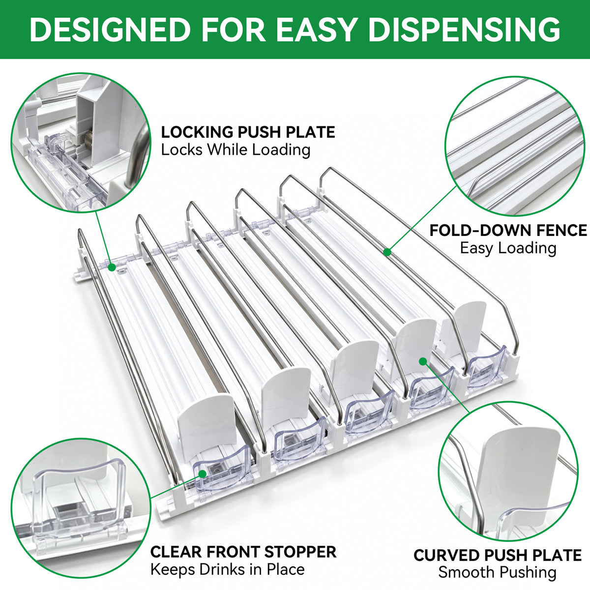 Riousery Self-Pushing Fridge Drink Organizer, Adjustable Beverage Can Dispenser for Refrigerator, 5 Rows Soda Can Storage Rack Holds Up to 20 Cans, White