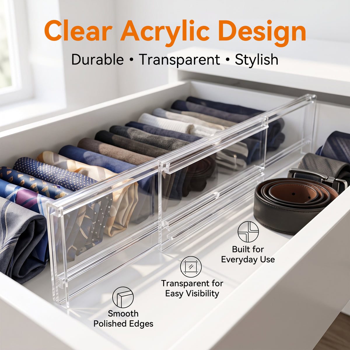 Riousery 9 Pack Adjustable Clear Acrylic Drawer Dividers, Expandable 11.4-21.7 in Drawer Organizers with Adhesive Pads for Kitchen, Bedroom, Bathroom & Office