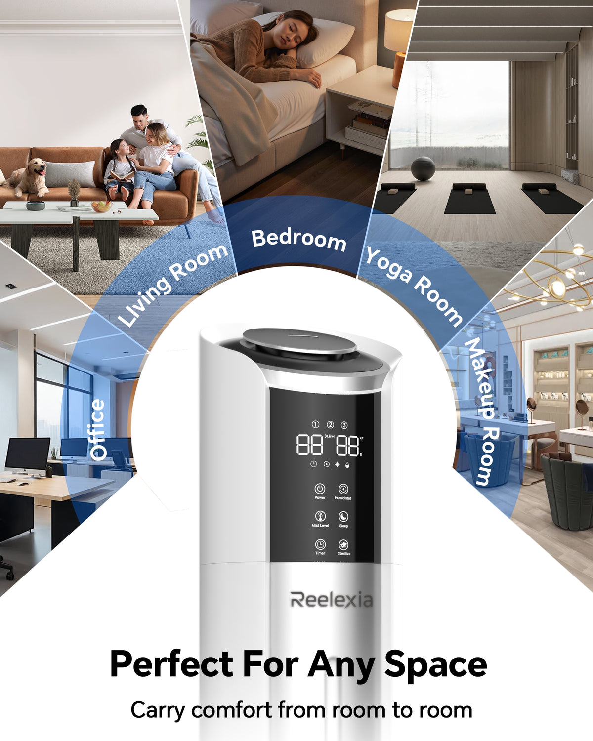 Reelexia 8L Humidifiers for Bedroom Large Room, Top Fill Ultrasonic Cool Mist Tower Humidifiers with Humidistat, Auto Shut-off