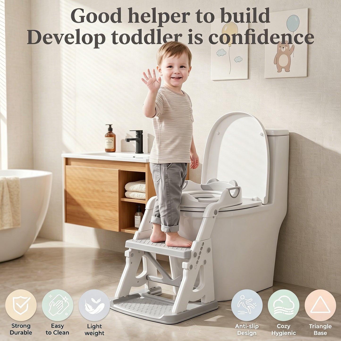 QRNYYOE Adjustable Potty Training Seat with Step Stool, Toddler Toilet Seat with Anti-Slip Step Ladder, Splash Guard for Boys & Girls, Space-Saving Foldable Design, Gray