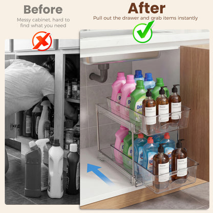 Riousery 2-Tier Clear Under Sink Organizer, 2-Pack Pull-Out Cabinet Storage, Stackable Design for Kitchen and Bathroom