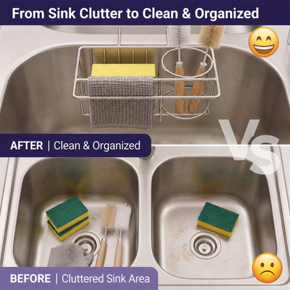 Riousery Compact Kitchen Sink Caddy, Hanging Sponge Holder for Double Sink Divider, 6.7 x 4.0 x 2.9 in Stainless Steel Mini Sink Organizer with Brush Holder and Dishcloth Bar
