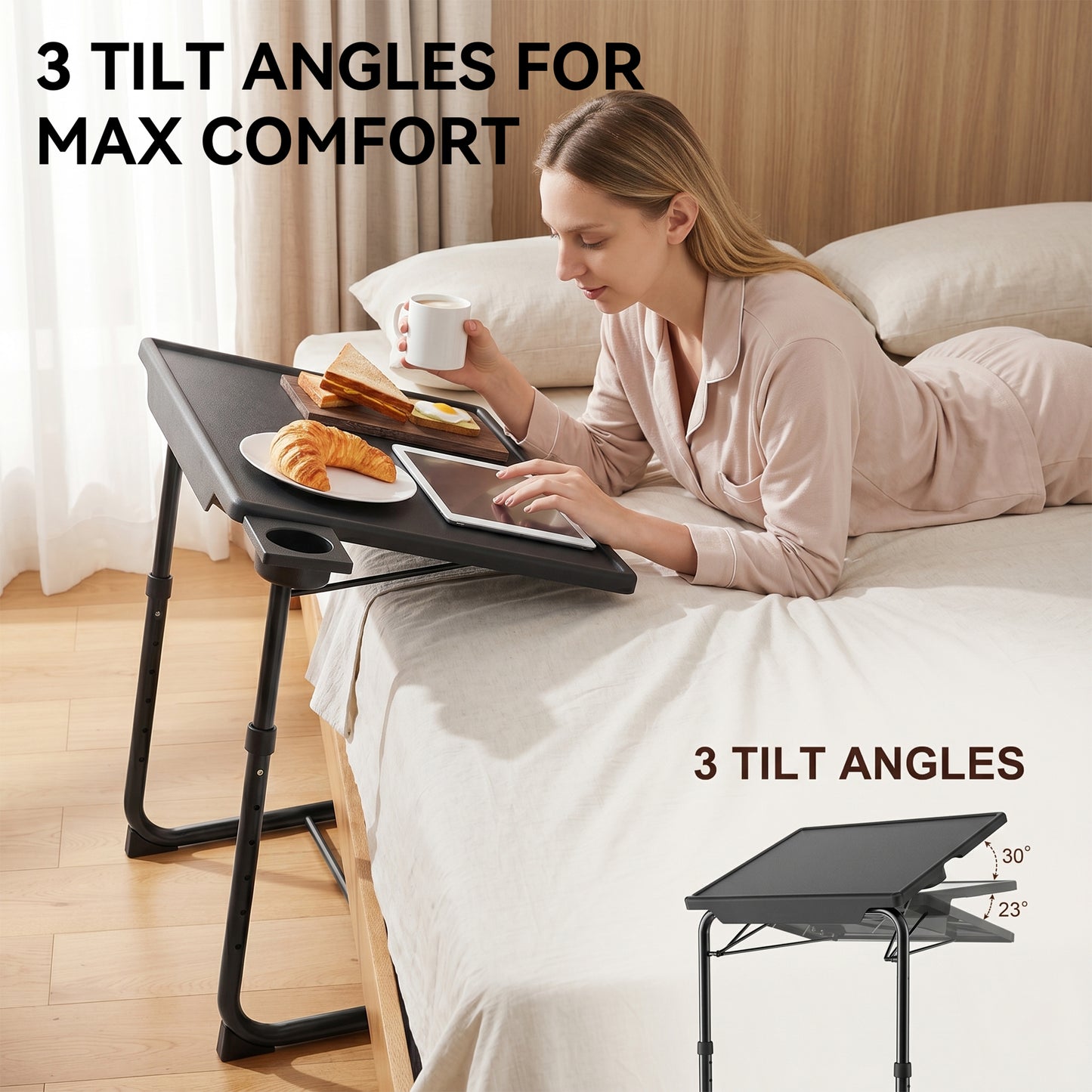 Riousery TV Tray Table with Cup Holders, Portable C-Shaped Side Dinner Tray Table, Adjustable 6 Heights & 3 Tilt Angle for Living Room, Bedroom, Black