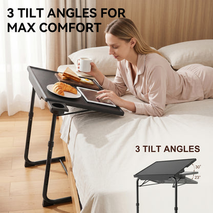 Riousery TV Tray Table with Cup Holders, Portable C-Shaped Side Dinner Tray Table, Adjustable 6 Heights & 3 Tilt Angle for Living Room, Bedroom, Black