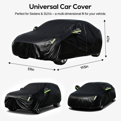 FLORAY Waterproof All-Weather Car Cover with Zipper Door – Heavy-Duty Windproof Protection for Sedan, UV and Snow Guard, Black