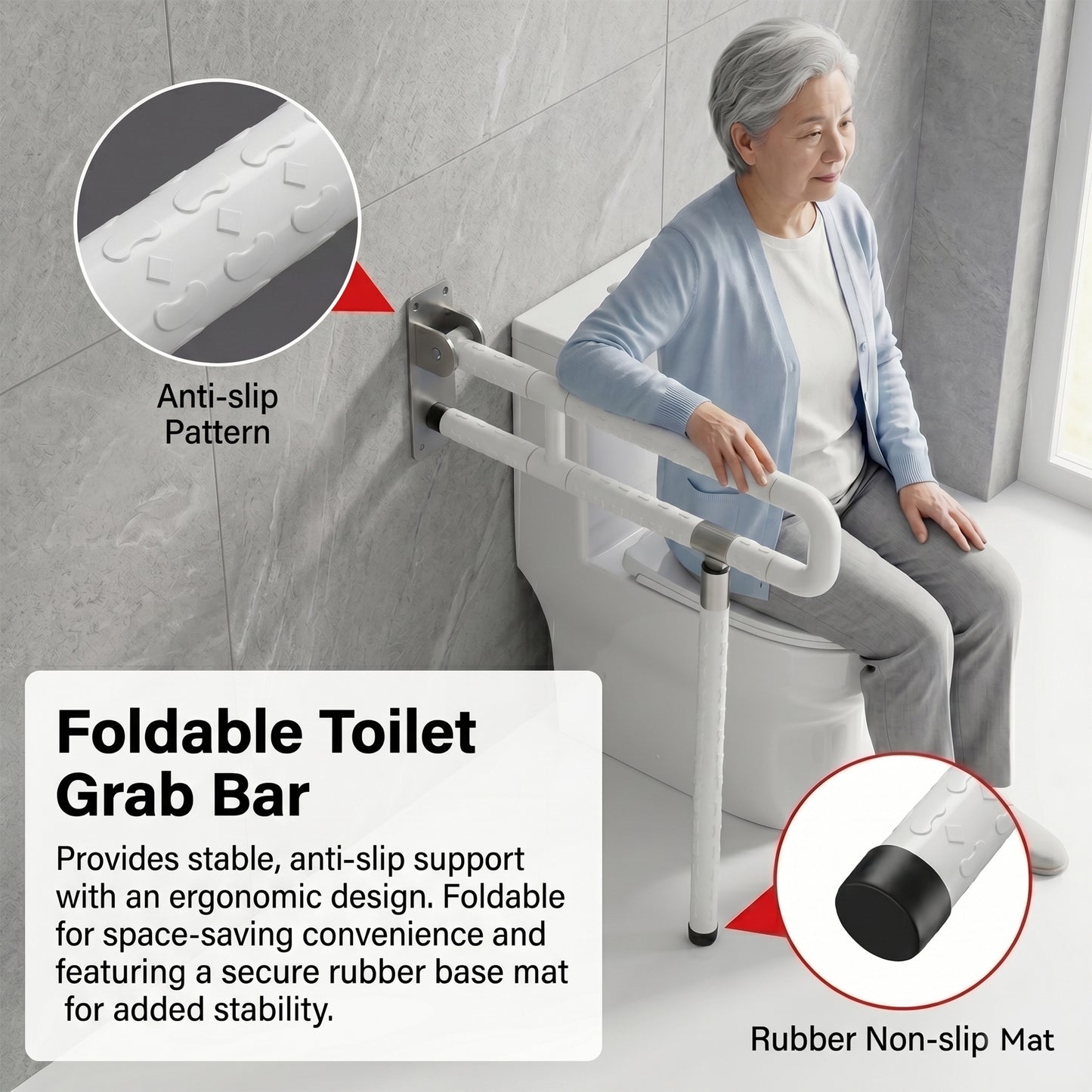 AOLIGO Foldable Toilet Grab Bar with Leg Support, Handicap Grab Bars for Bathroom, Toilet Safety Rails for Elderly Pregnant and Disabled