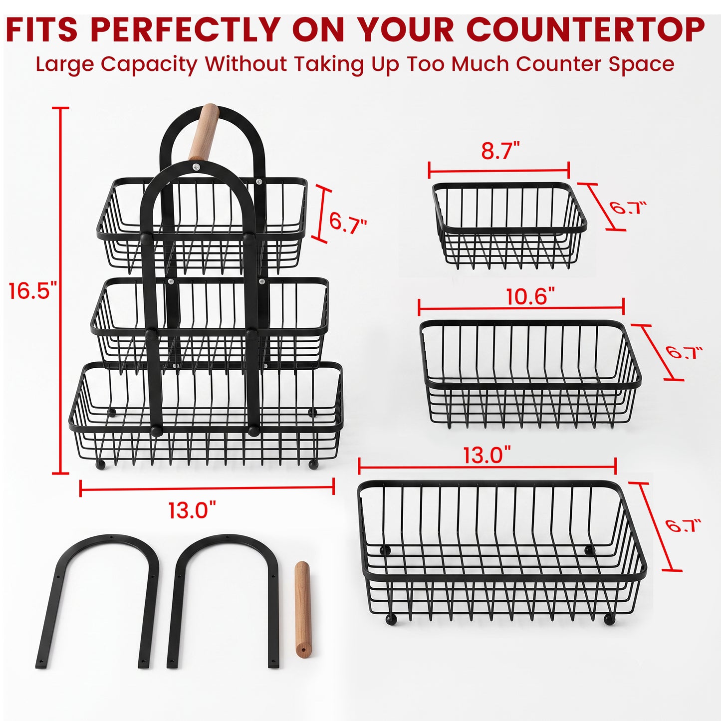 Riousery 3-Tier Fruit Basket for Kitchen Counter, Metal Fruit Stand with Wooden Handle, Large Wire Produce Organizer for Fruits, Vegetables, Bread & Snacks, Black