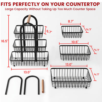 Riousery 3-Tier Fruit Basket for Kitchen Counter, Metal Fruit Stand with Wooden Handle, Large Wire Produce Organizer for Fruits, Vegetables, Bread & Snacks, Black