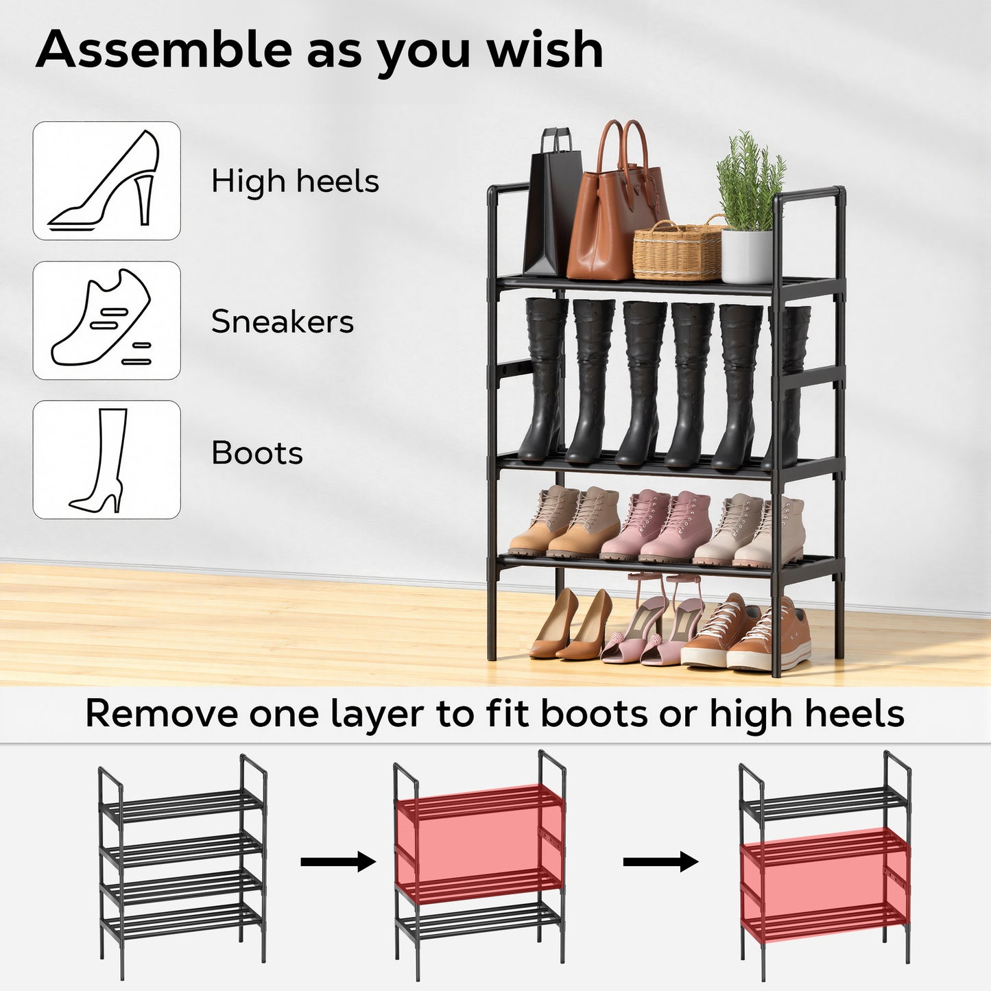 Riousery 4-Tier All-Steel Shoe Rack, Stackable Metal Shoe Organizer with Adjustable Shelves, Heavy-Duty Storage for Entryway, Closet, Bedroom